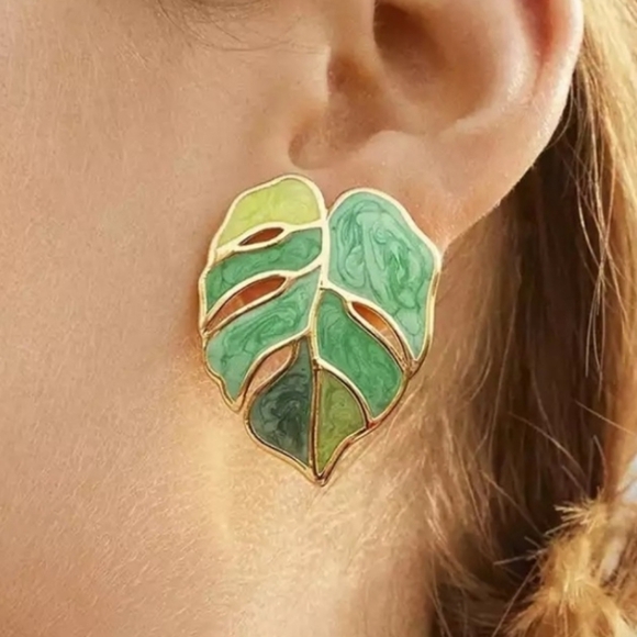 Bohemian Palm Tree Green Monstera Marble Painted Acrylic Multicolor "Mila" Leaf… - Picture 4 of 5